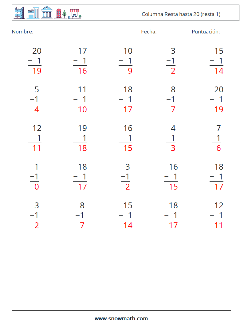 (25) Columna Resta hasta 20 (resta 1) Hojas de trabajo de matemáticas 9 Pregunta, respuesta