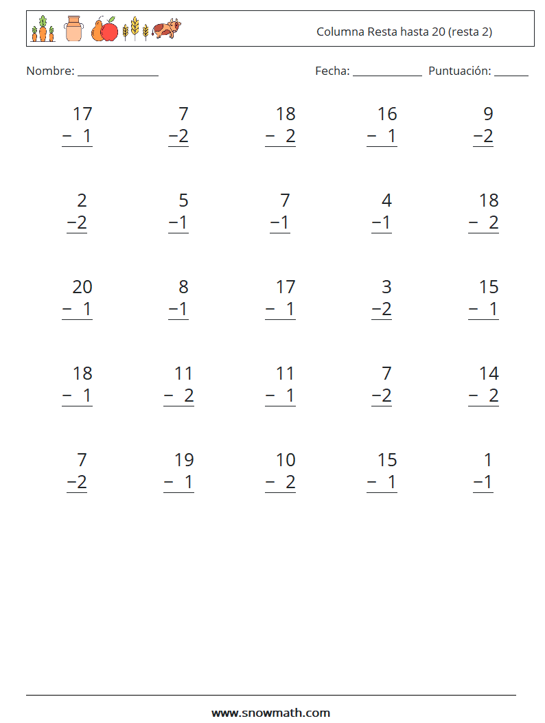 (25) Columna Resta hasta 20 (resta 2) Hojas de trabajo de matemáticas 1