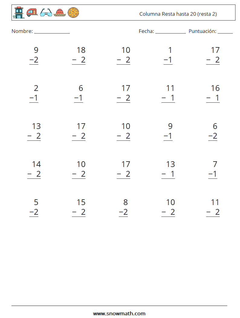 (25) Columna Resta hasta 20 (resta 2) Hojas de trabajo de matemáticas 10