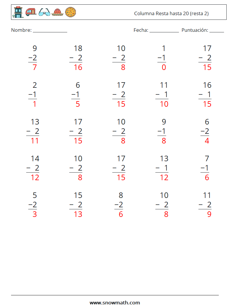 (25) Columna Resta hasta 20 (resta 2) Hojas de trabajo de matemáticas 10 Pregunta, respuesta