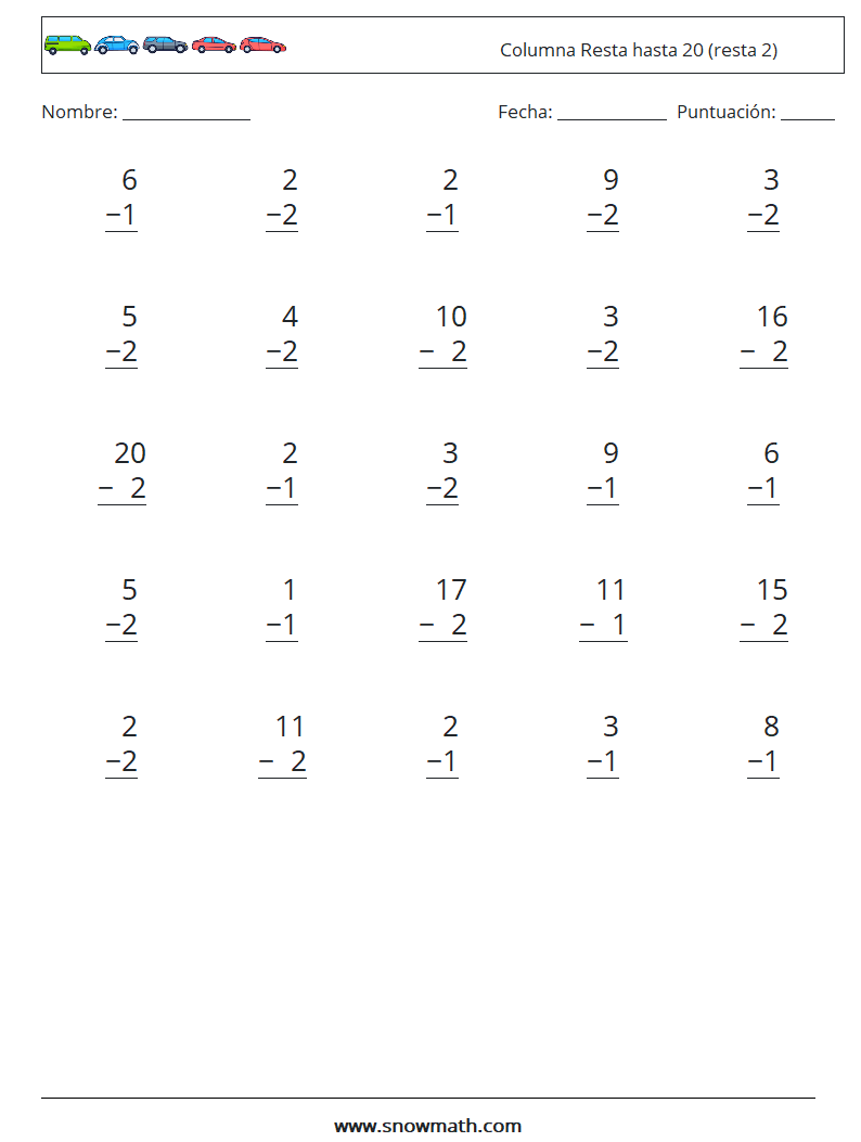 (25) Columna Resta hasta 20 (resta 2) Hojas de trabajo de matemáticas 11