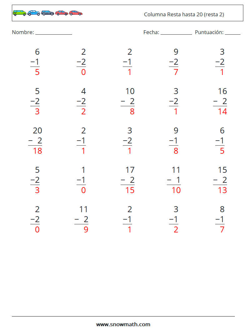 (25) Columna Resta hasta 20 (resta 2) Hojas de trabajo de matemáticas 11 Pregunta, respuesta