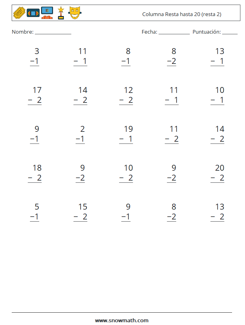 (25) Columna Resta hasta 20 (resta 2) Hojas de trabajo de matemáticas 12