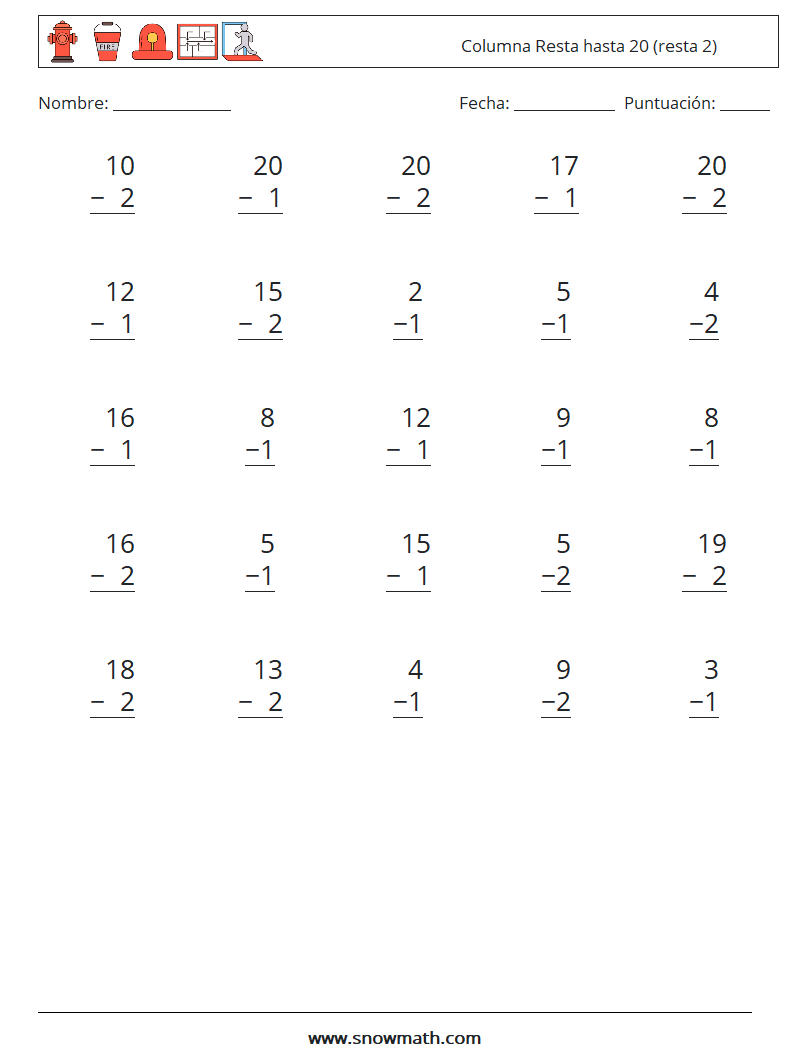 (25) Columna Resta hasta 20 (resta 2) Hojas de trabajo de matemáticas 13