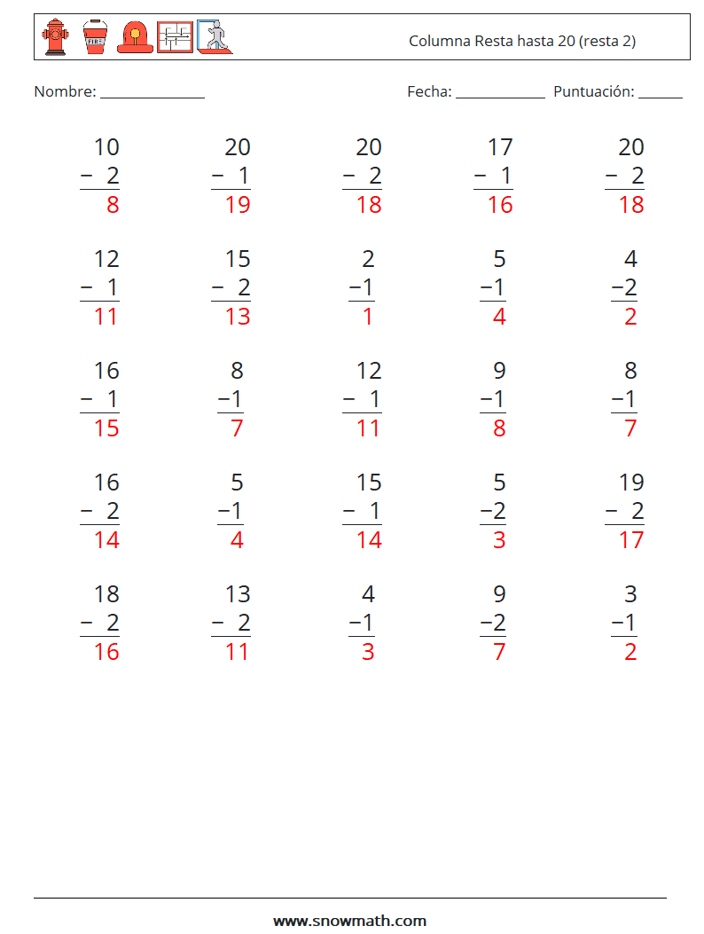 (25) Columna Resta hasta 20 (resta 2) Hojas de trabajo de matemáticas 13 Pregunta, respuesta