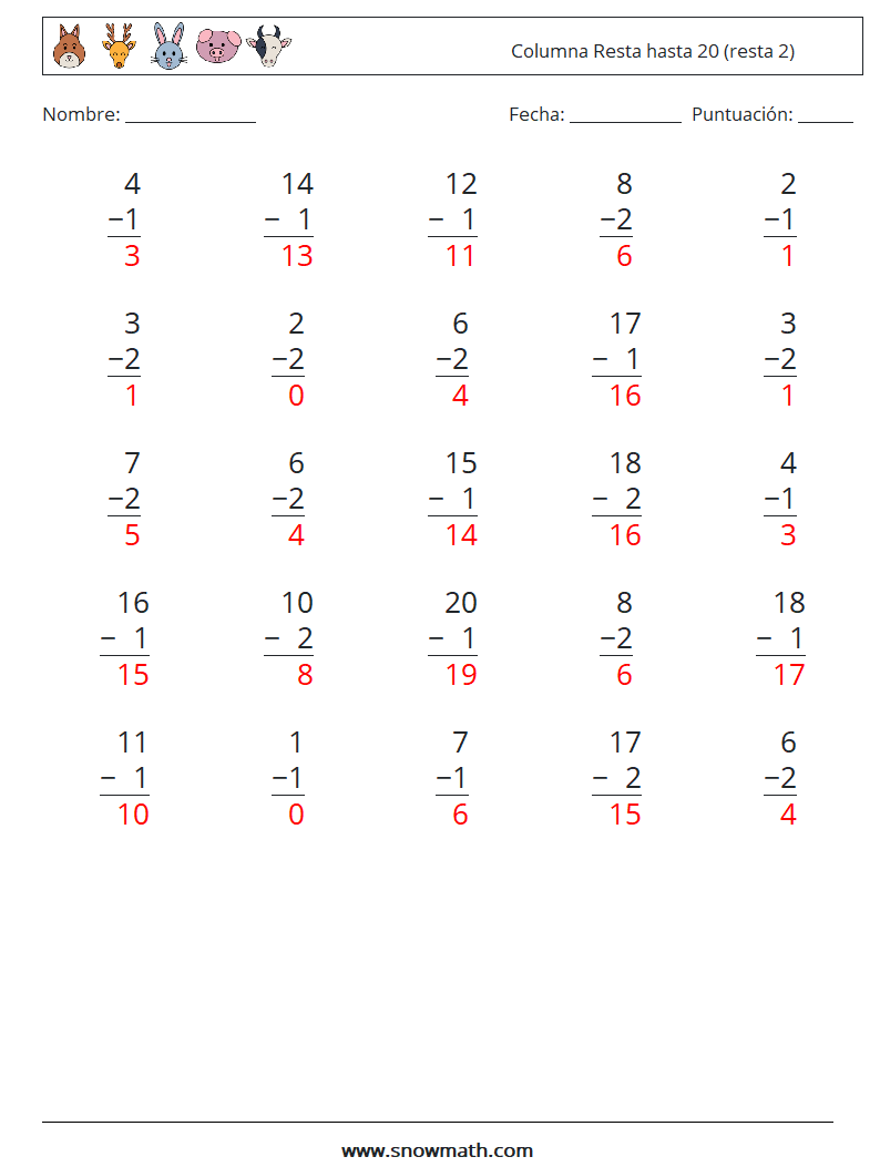 (25) Columna Resta hasta 20 (resta 2) Hojas de trabajo de matemáticas 14 Pregunta, respuesta