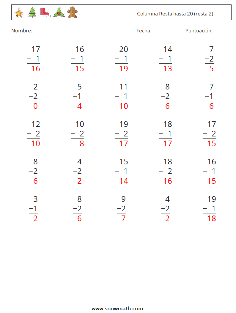 (25) Columna Resta hasta 20 (resta 2) Hojas de trabajo de matemáticas 15 Pregunta, respuesta