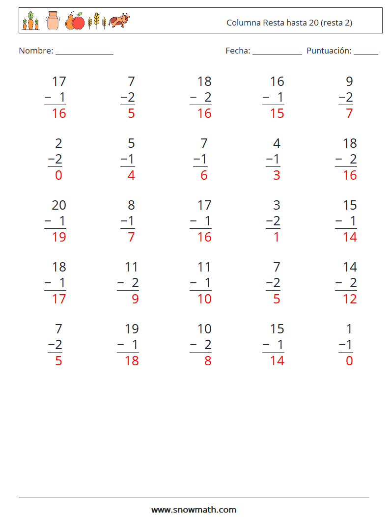 (25) Columna Resta hasta 20 (resta 2) Hojas de trabajo de matemáticas 1 Pregunta, respuesta