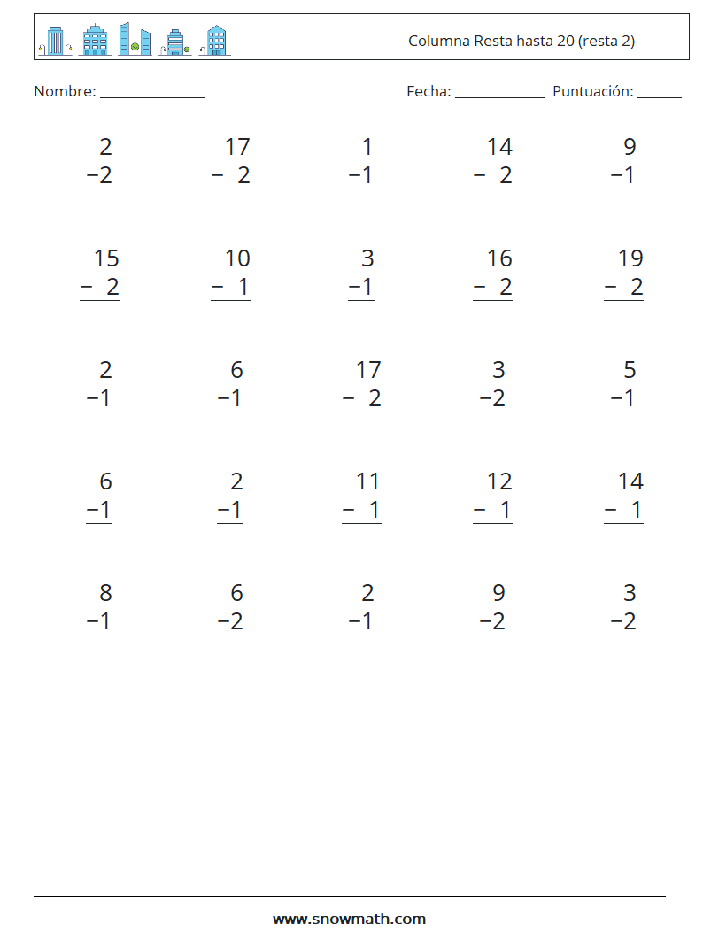 (25) Columna Resta hasta 20 (resta 2) Hojas de trabajo de matemáticas 2