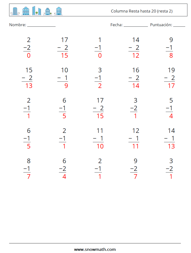 (25) Columna Resta hasta 20 (resta 2) Hojas de trabajo de matemáticas 2 Pregunta, respuesta