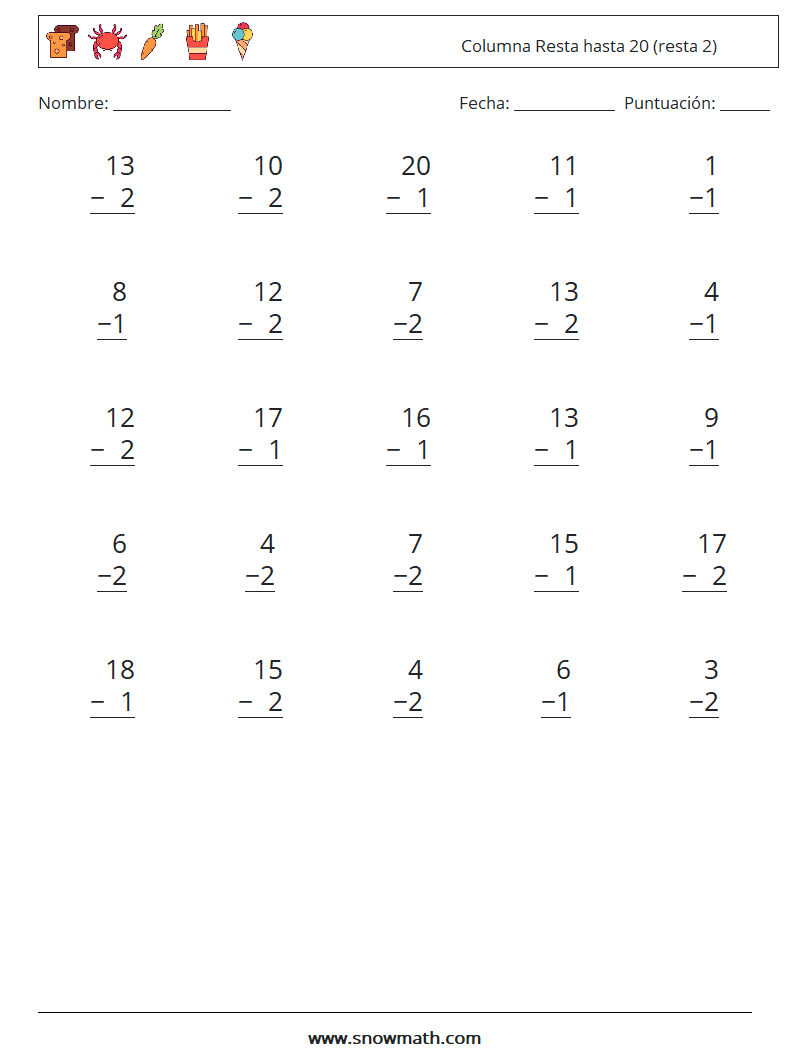 (25) Columna Resta hasta 20 (resta 2) Hojas de trabajo de matemáticas 3