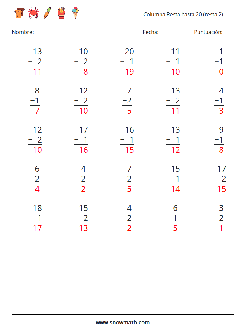 (25) Columna Resta hasta 20 (resta 2) Hojas de trabajo de matemáticas 3 Pregunta, respuesta