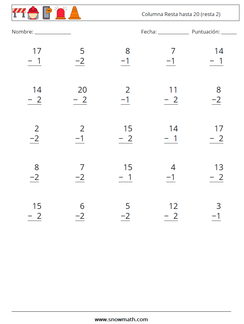 (25) Columna Resta hasta 20 (resta 2) Hojas de trabajo de matemáticas 4