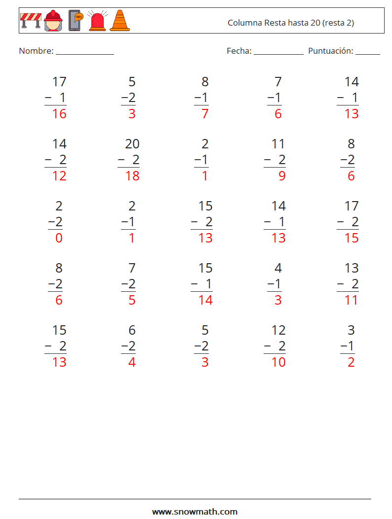 (25) Columna Resta hasta 20 (resta 2) Hojas de trabajo de matemáticas 4 Pregunta, respuesta