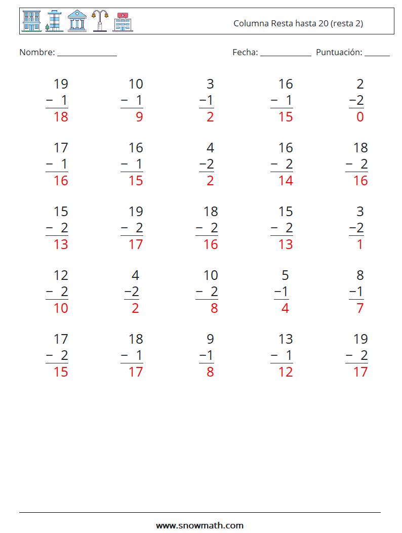 (25) Columna Resta hasta 20 (resta 2) Hojas de trabajo de matemáticas 5 Pregunta, respuesta