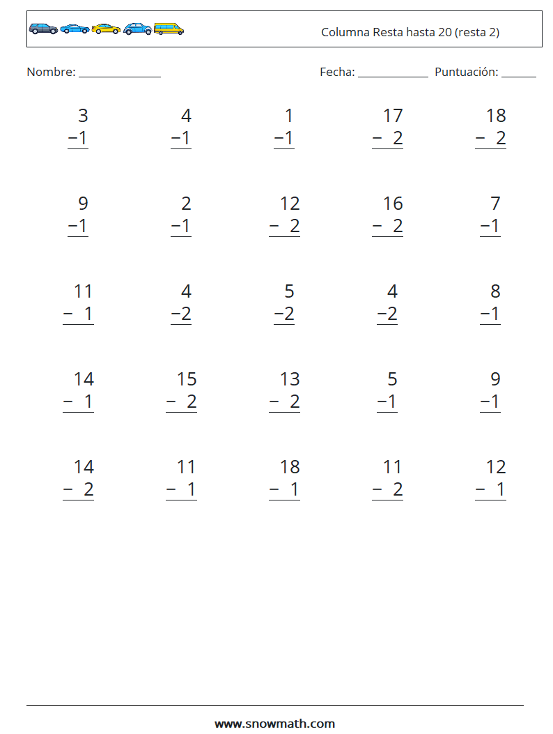 (25) Columna Resta hasta 20 (resta 2) Hojas de trabajo de matemáticas 6