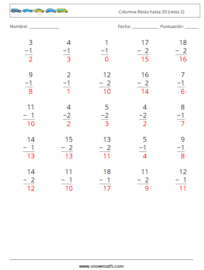 (25) Columna Resta hasta 20 (resta 2) Hojas de trabajo de matemáticas 6 Pregunta, respuesta