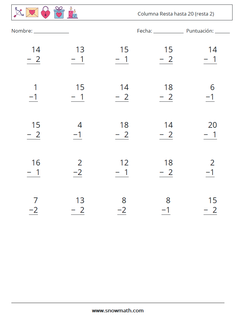 (25) Columna Resta hasta 20 (resta 2) Hojas de trabajo de matemáticas 7