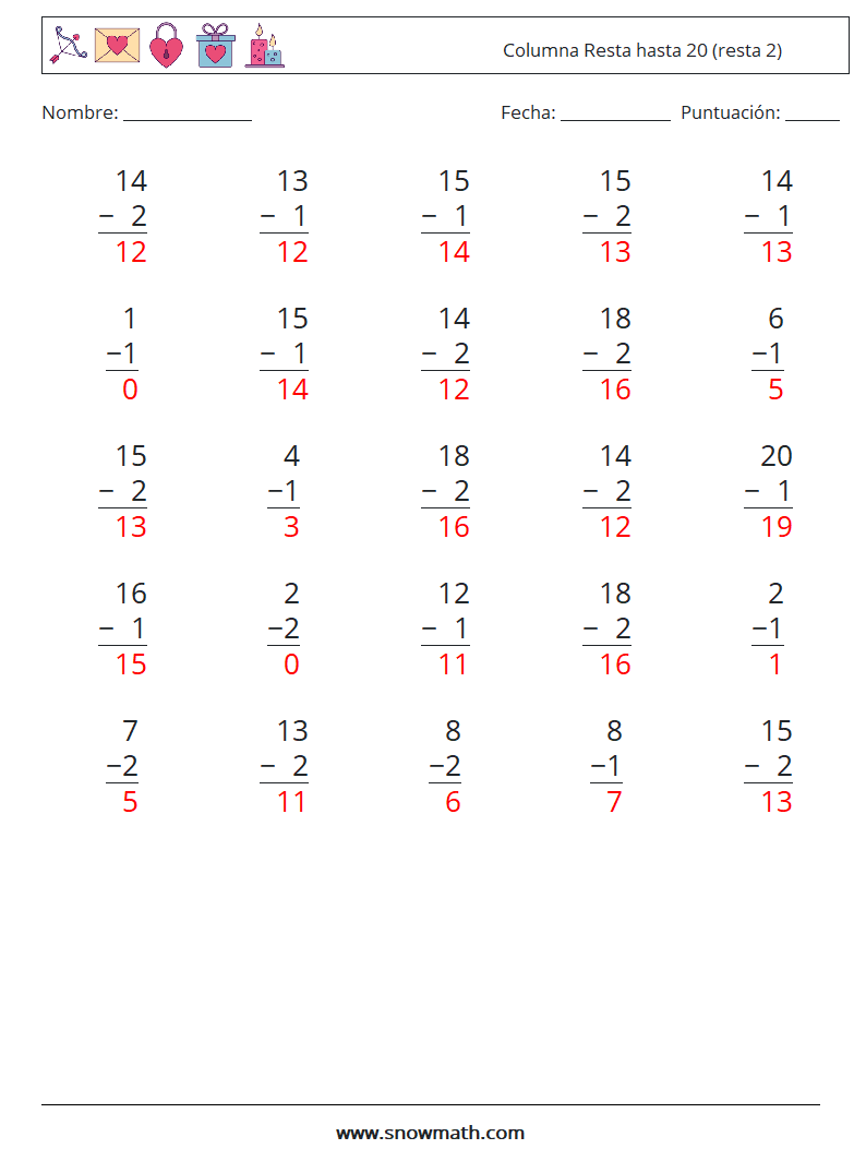 (25) Columna Resta hasta 20 (resta 2) Hojas de trabajo de matemáticas 7 Pregunta, respuesta