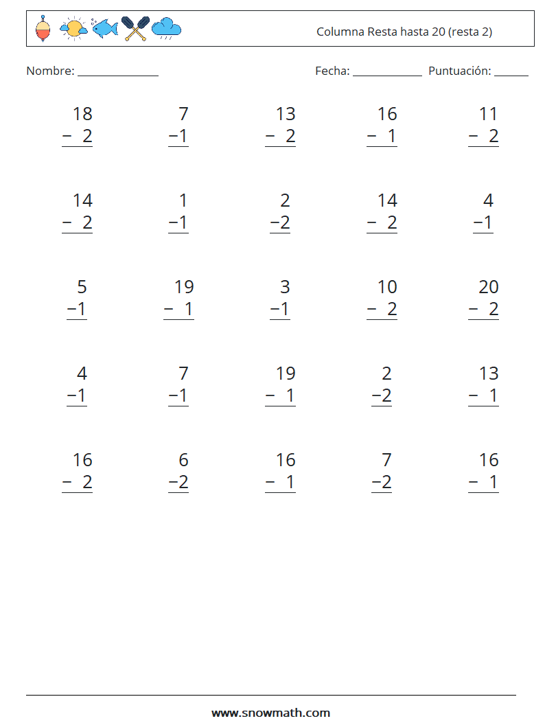 (25) Columna Resta hasta 20 (resta 2) Hojas de trabajo de matemáticas 8