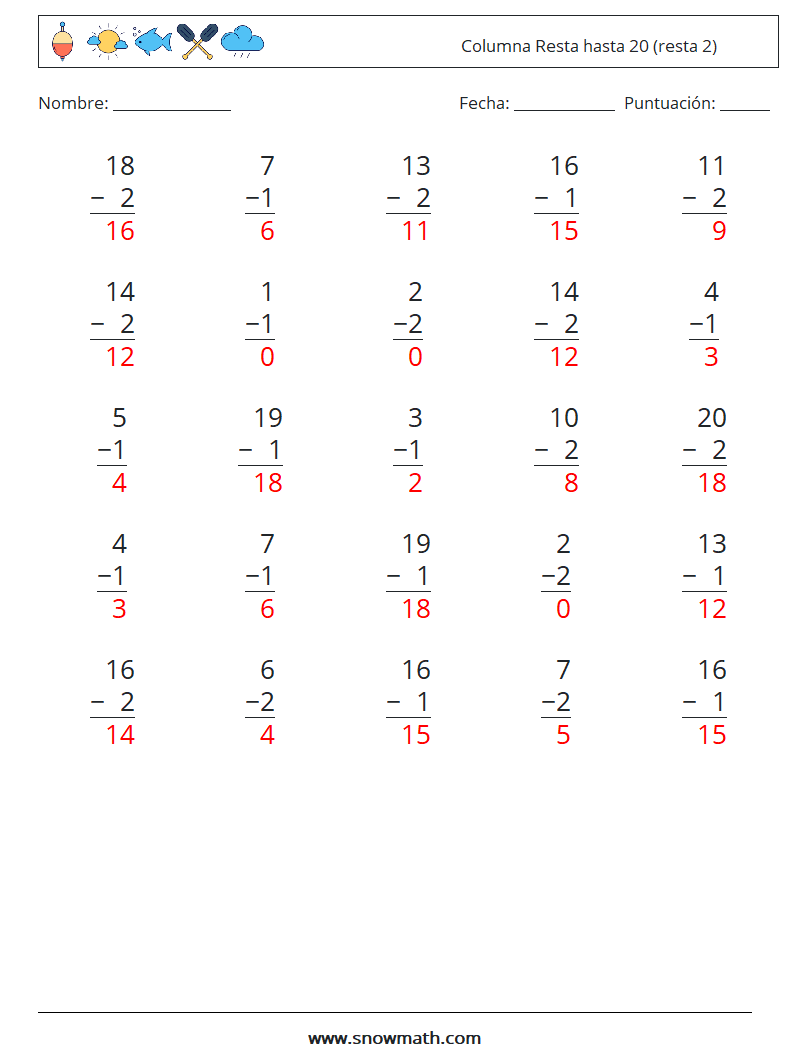 (25) Columna Resta hasta 20 (resta 2) Hojas de trabajo de matemáticas 8 Pregunta, respuesta