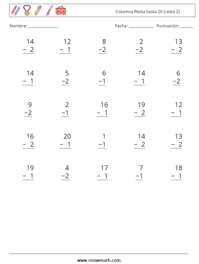 (25) Columna Resta hasta 20 (resta 2) Hojas de trabajo de matemáticas 9