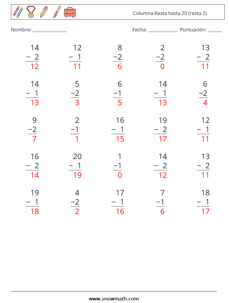 (25) Columna Resta hasta 20 (resta 2) Hojas de trabajo de matemáticas 9 Pregunta, respuesta