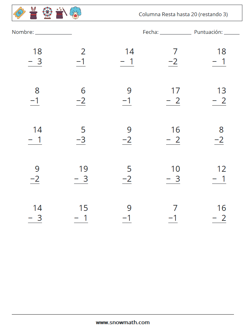 (25) Columna Resta hasta 20 (restando 3) Hojas de trabajo de matemáticas 1