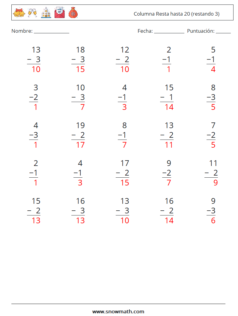 (25) Columna Resta hasta 20 (restando 3) Hojas de trabajo de matemáticas 10 Pregunta, respuesta