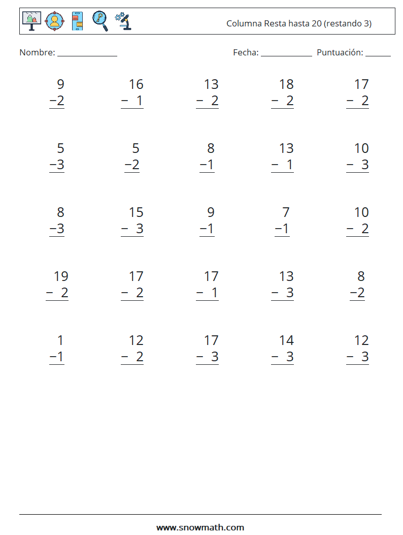 (25) Columna Resta hasta 20 (restando 3) Hojas de trabajo de matemáticas 11