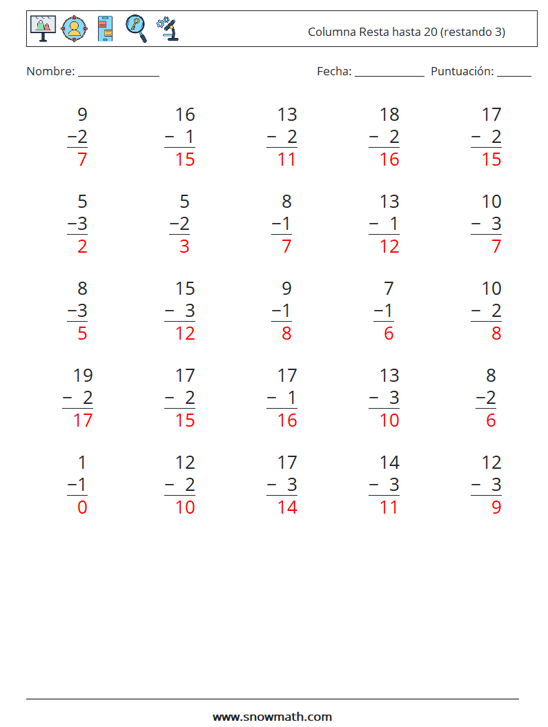 (25) Columna Resta hasta 20 (restando 3) Hojas de trabajo de matemáticas 11 Pregunta, respuesta