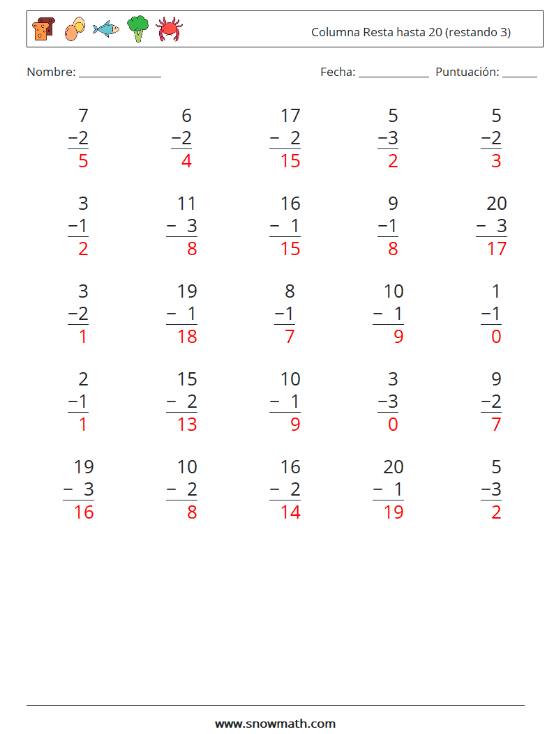 (25) Columna Resta hasta 20 (restando 3) Hojas de trabajo de matemáticas 12 Pregunta, respuesta