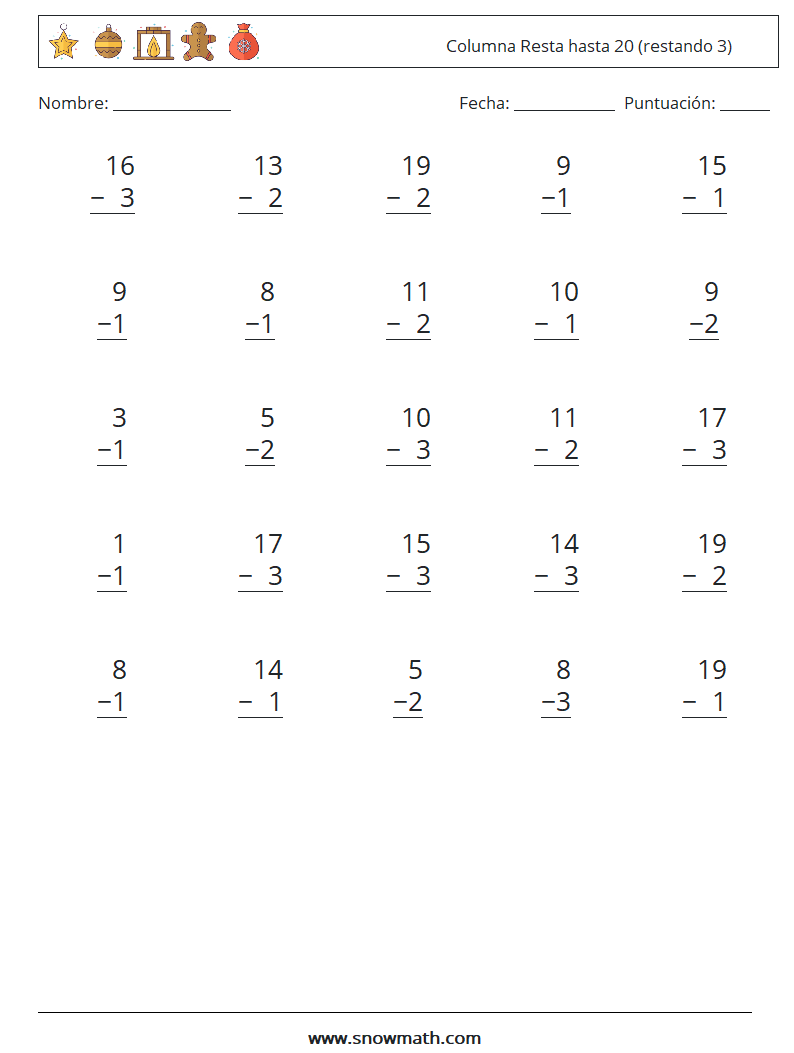 (25) Columna Resta hasta 20 (restando 3) Hojas de trabajo de matemáticas 13