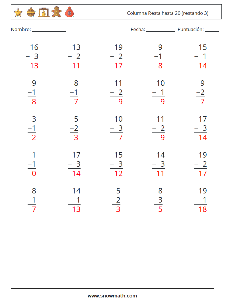 (25) Columna Resta hasta 20 (restando 3) Hojas de trabajo de matemáticas 13 Pregunta, respuesta