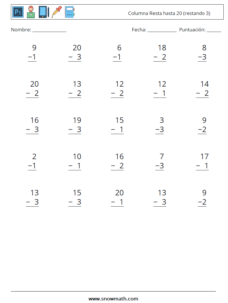 (25) Columna Resta hasta 20 (restando 3) Hojas de trabajo de matemáticas 14