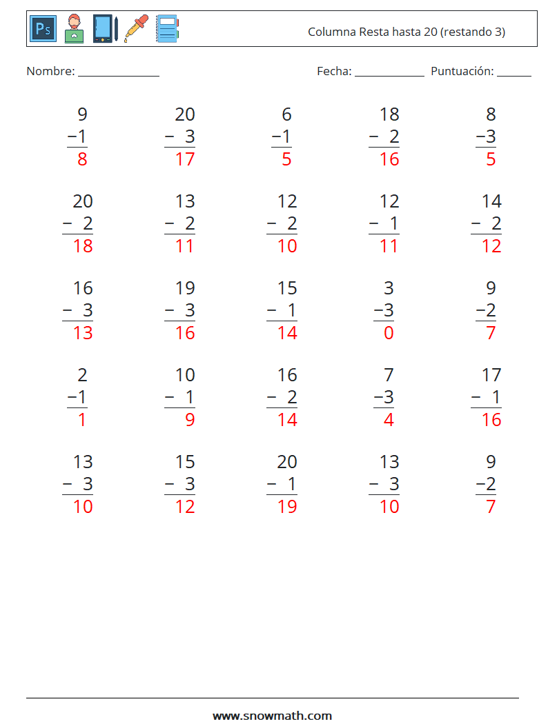 (25) Columna Resta hasta 20 (restando 3) Hojas de trabajo de matemáticas 14 Pregunta, respuesta