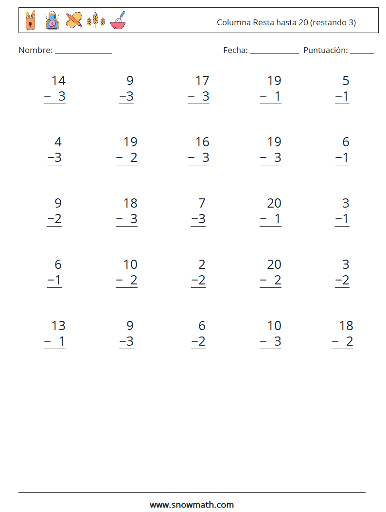 (25) Columna Resta hasta 20 (restando 3) Hojas de trabajo de matemáticas 15