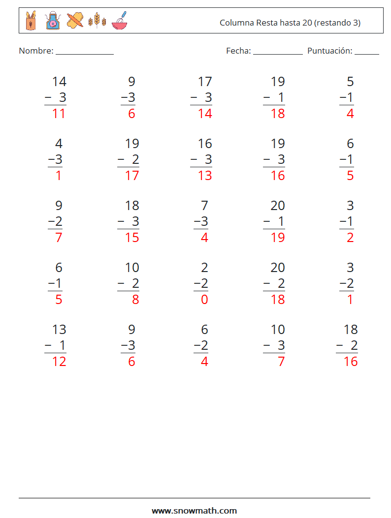 (25) Columna Resta hasta 20 (restando 3) Hojas de trabajo de matemáticas 15 Pregunta, respuesta