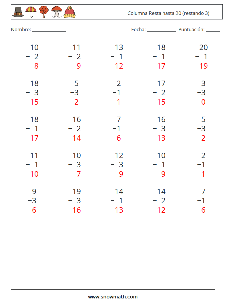 (25) Columna Resta hasta 20 (restando 3) Hojas de trabajo de matemáticas 16 Pregunta, respuesta