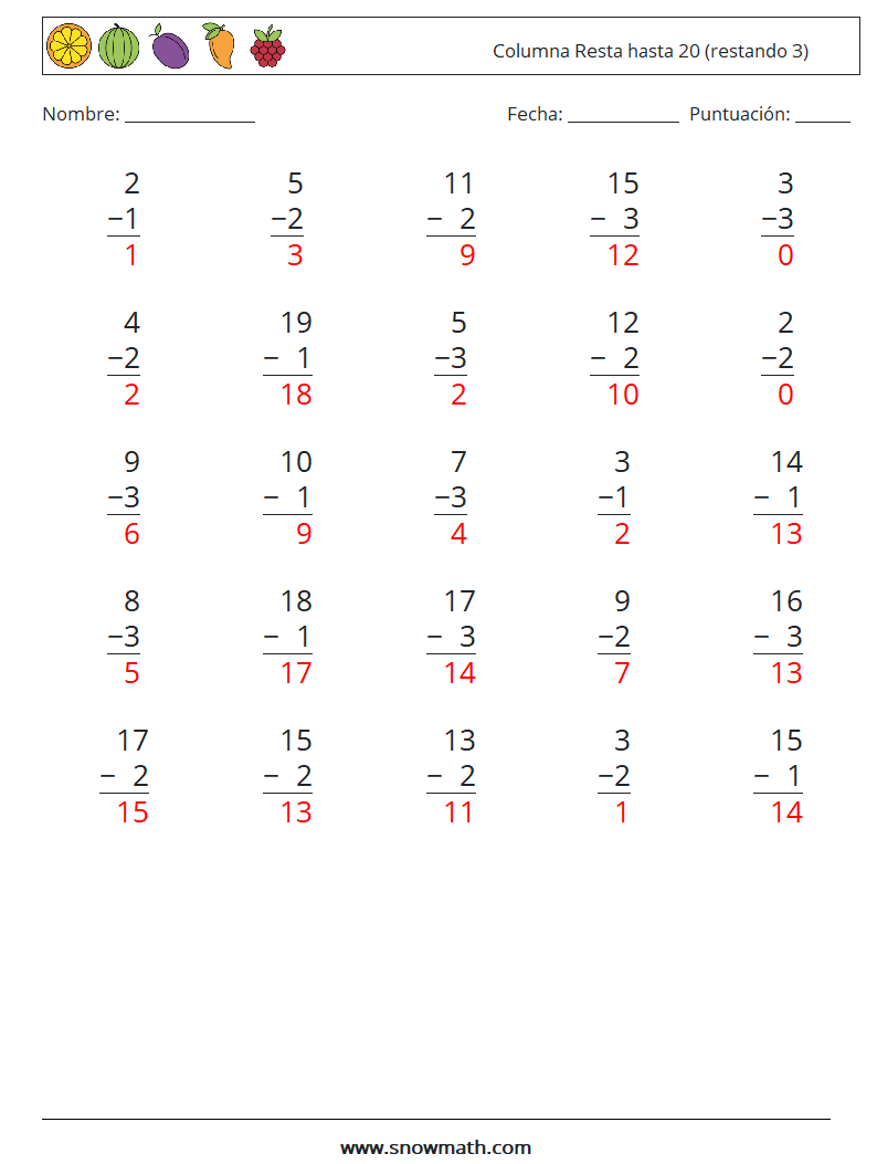 (25) Columna Resta hasta 20 (restando 3) Hojas de trabajo de matemáticas 17 Pregunta, respuesta