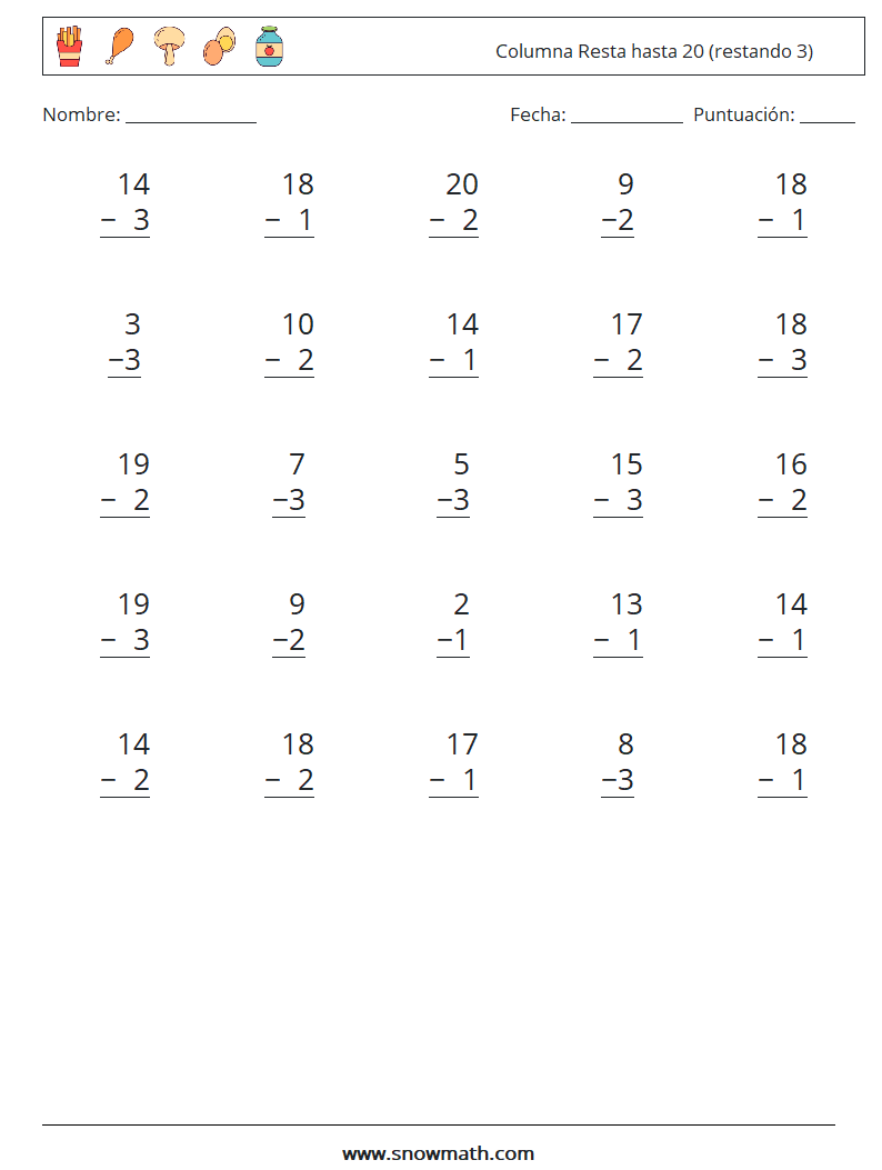 (25) Columna Resta hasta 20 (restando 3) Hojas de trabajo de matemáticas 18