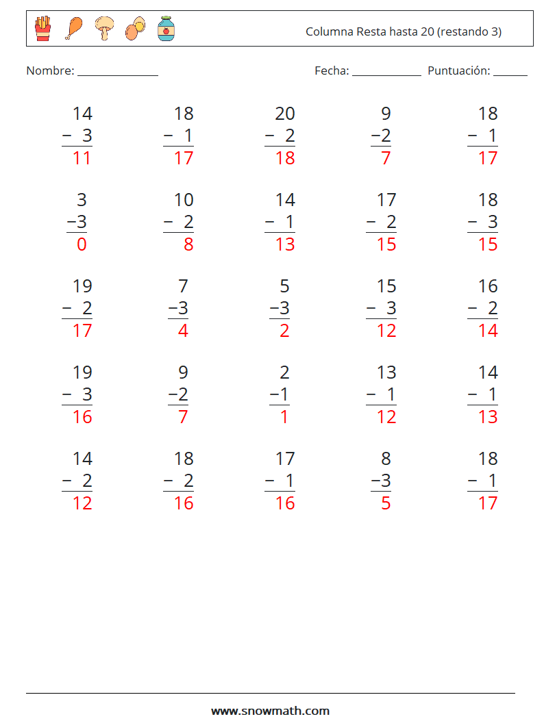 (25) Columna Resta hasta 20 (restando 3) Hojas de trabajo de matemáticas 18 Pregunta, respuesta