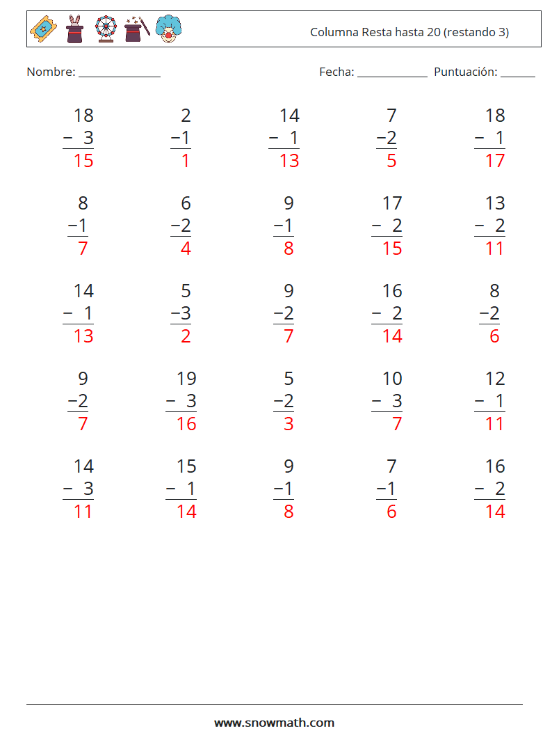 (25) Columna Resta hasta 20 (restando 3) Hojas de trabajo de matemáticas 1 Pregunta, respuesta