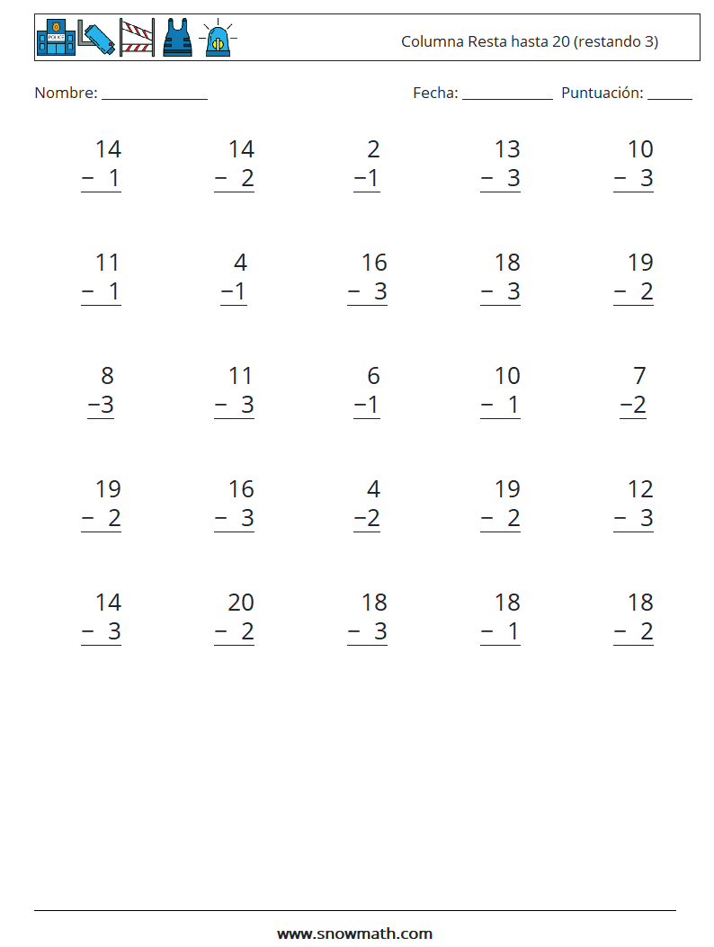 (25) Columna Resta hasta 20 (restando 3) Hojas de trabajo de matemáticas 2