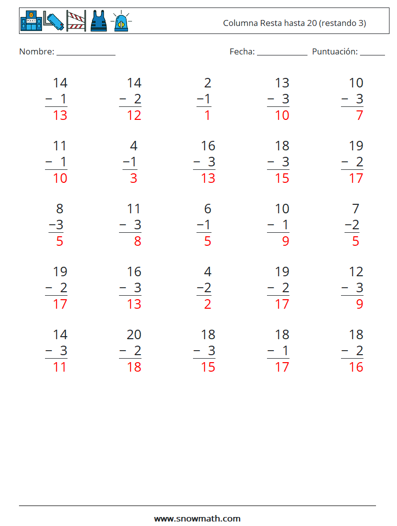 (25) Columna Resta hasta 20 (restando 3) Hojas de trabajo de matemáticas 2 Pregunta, respuesta