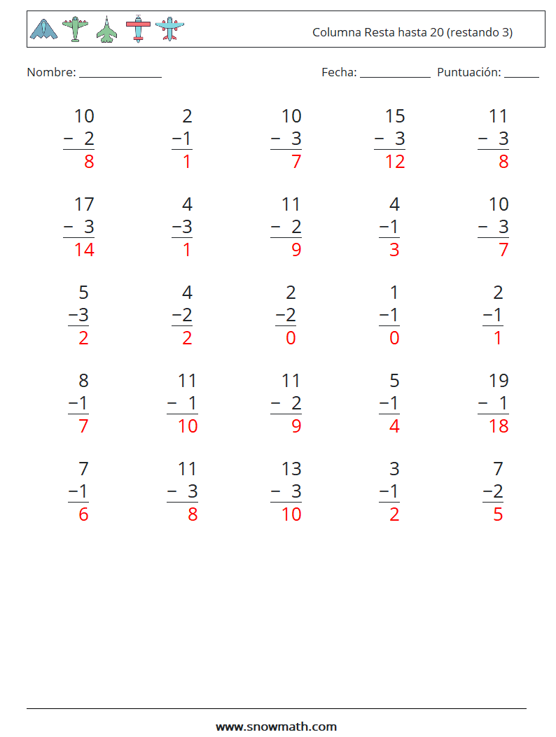 (25) Columna Resta hasta 20 (restando 3) Hojas de trabajo de matemáticas 3 Pregunta, respuesta