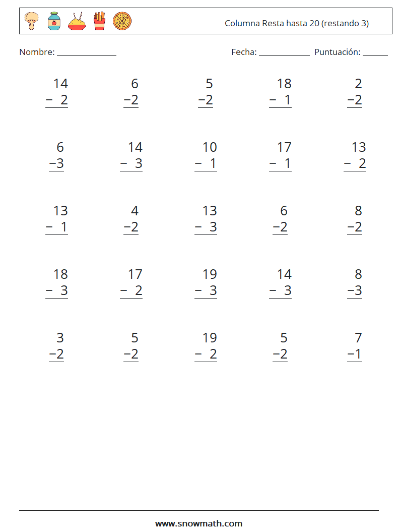 (25) Columna Resta hasta 20 (restando 3) Hojas de trabajo de matemáticas 4