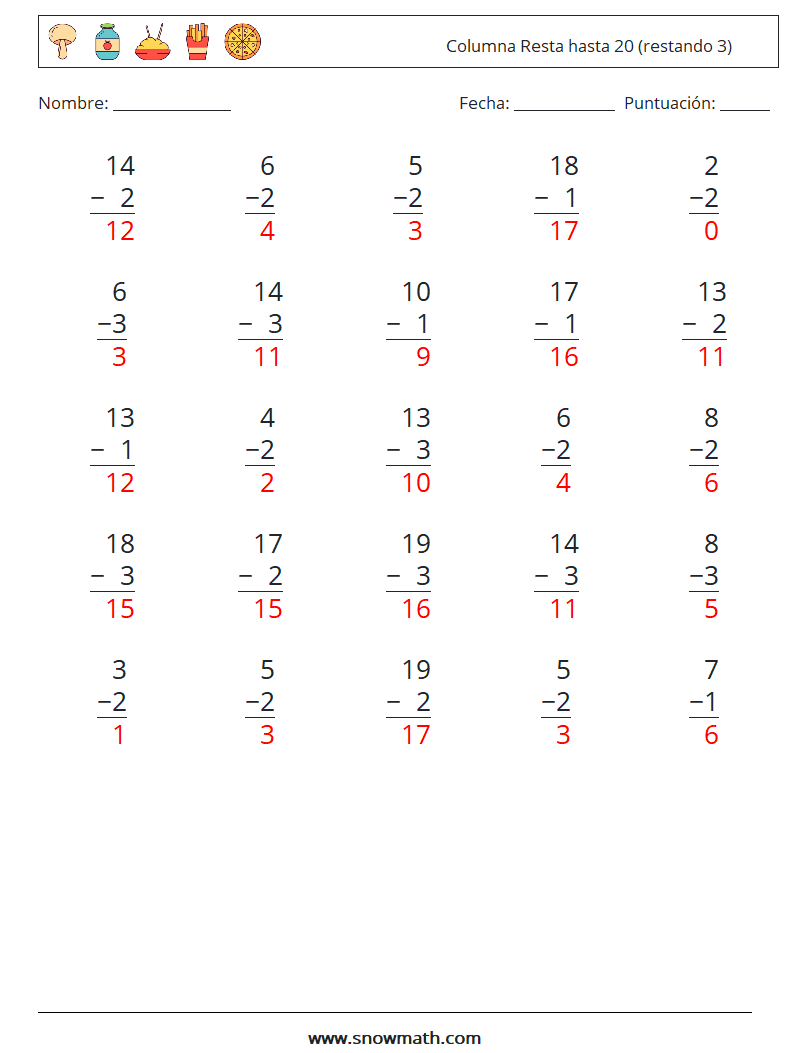 (25) Columna Resta hasta 20 (restando 3) Hojas de trabajo de matemáticas 4 Pregunta, respuesta