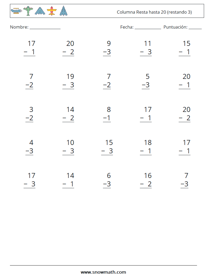 (25) Columna Resta hasta 20 (restando 3) Hojas de trabajo de matemáticas 5