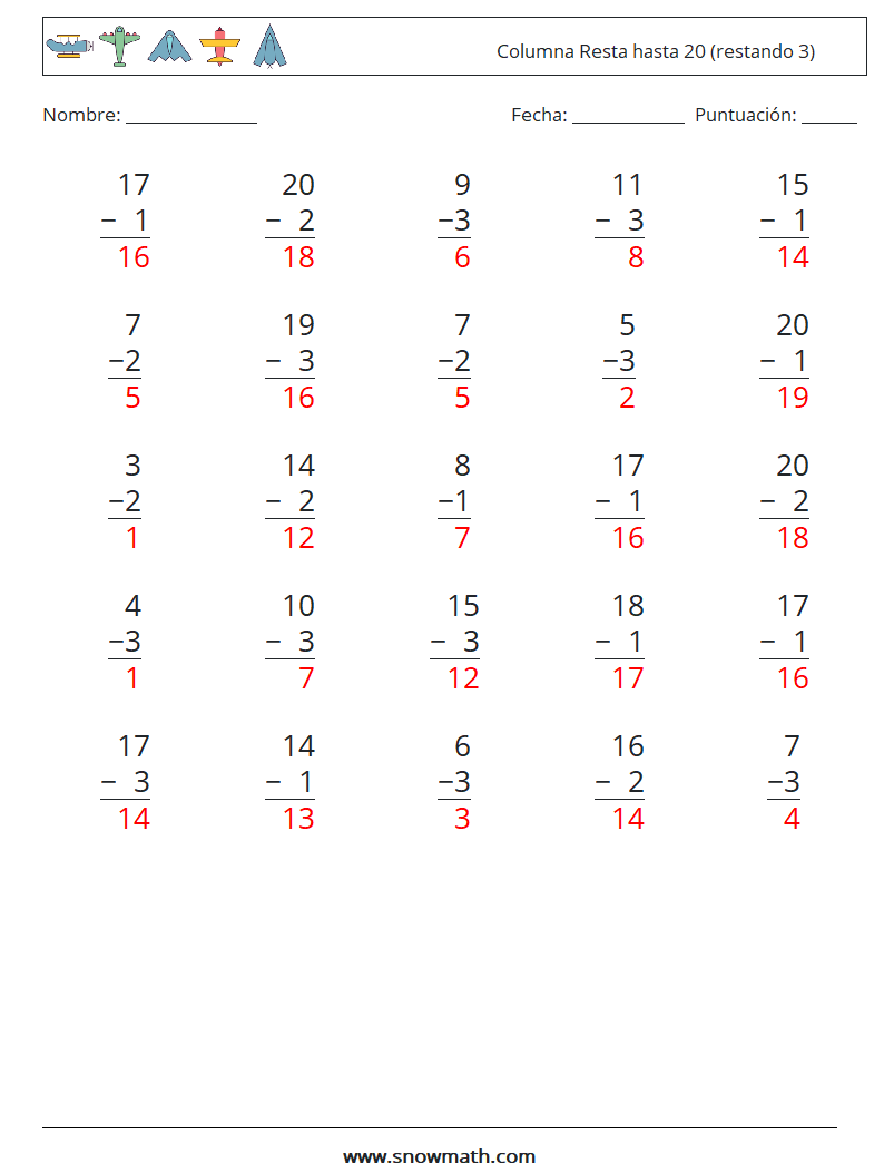(25) Columna Resta hasta 20 (restando 3) Hojas de trabajo de matemáticas 5 Pregunta, respuesta